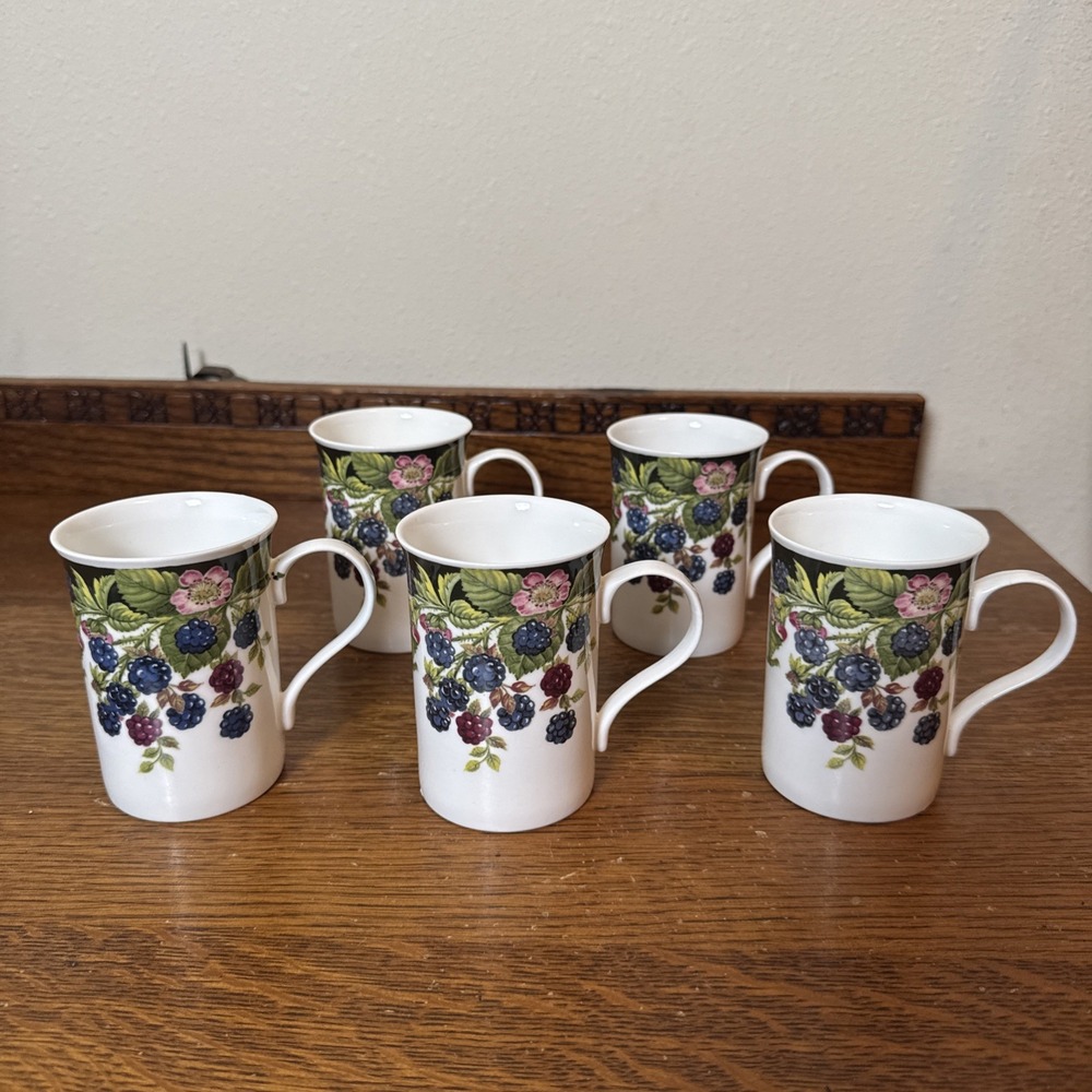 Set of 5 Fine Bone China Blackberry Mugs Made in Britain Floral Berry Cups